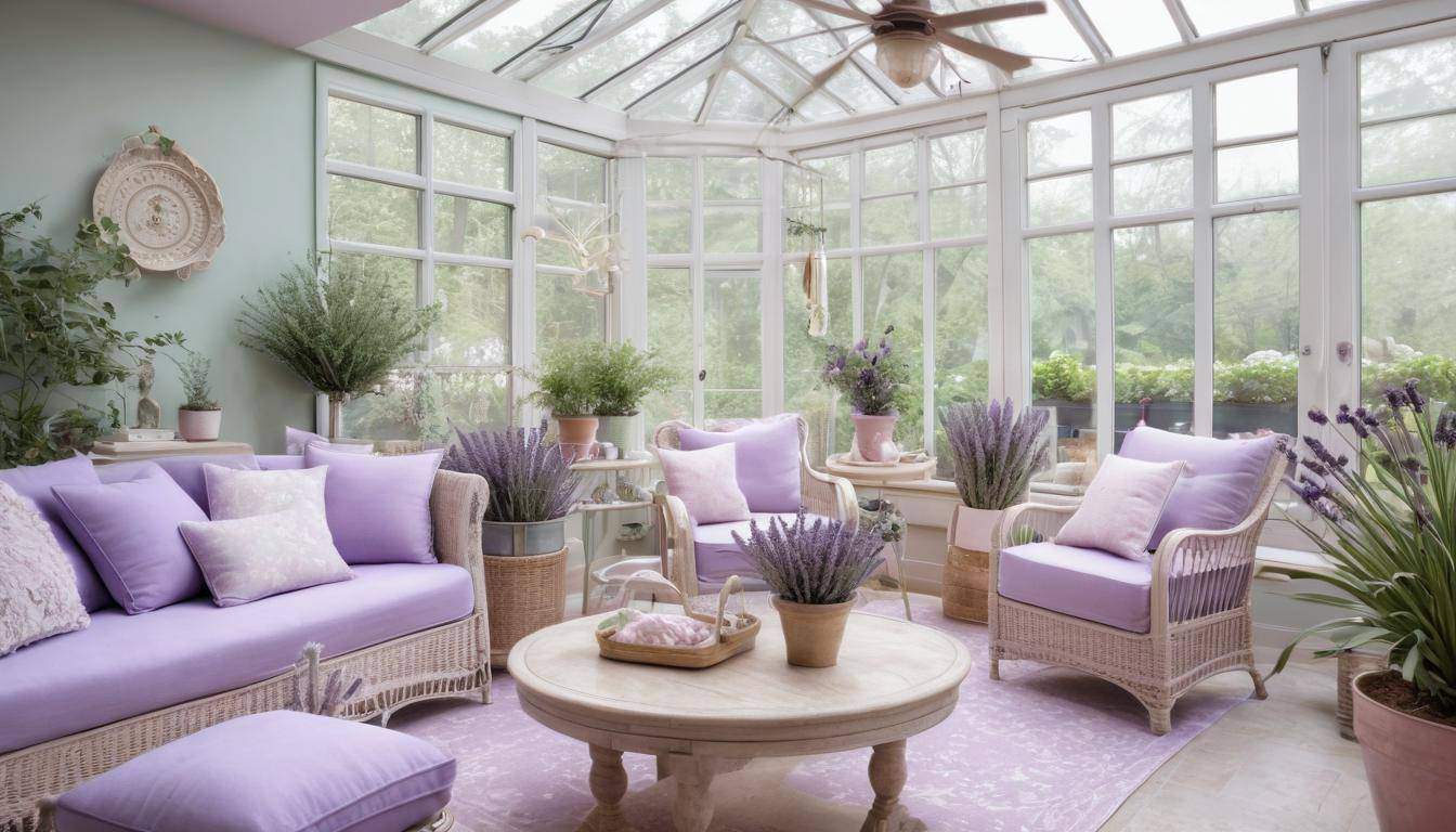 Lavender-themed sunroom decor