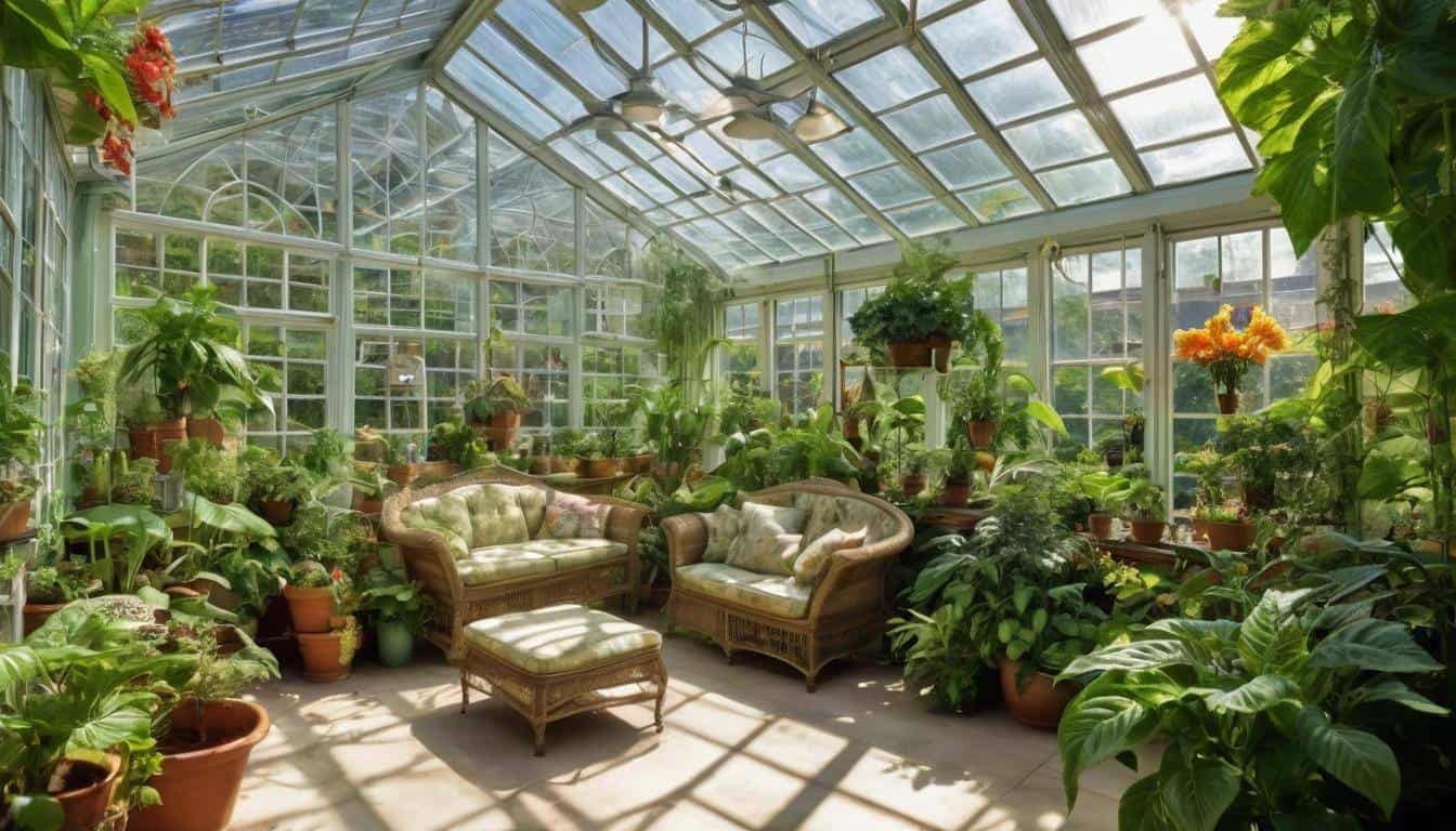 Lush greenery in sunroom