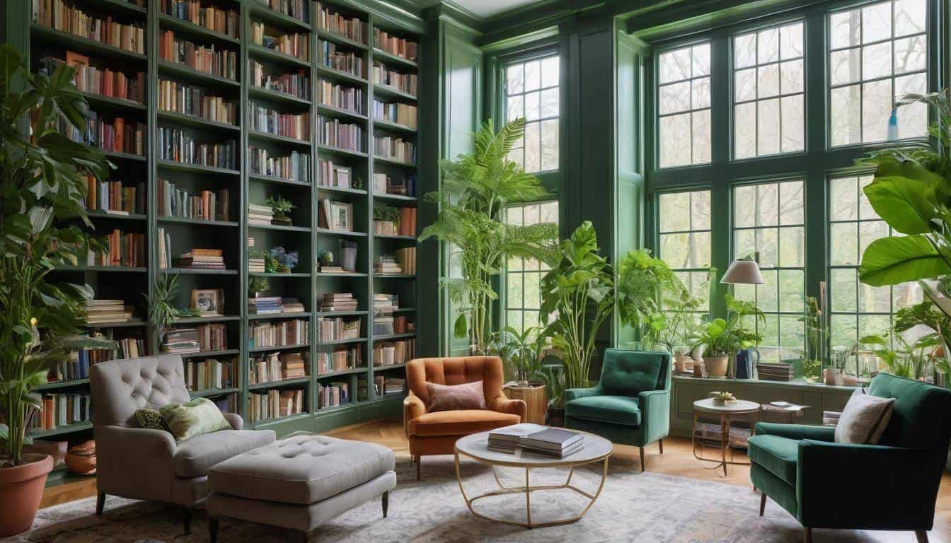 Lush library with plants