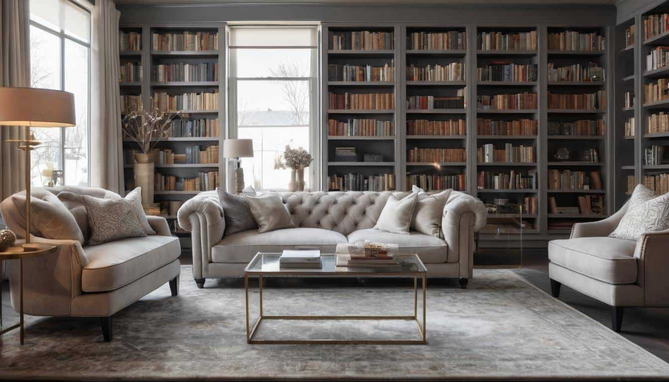 Luxurious cozy library with grey rug