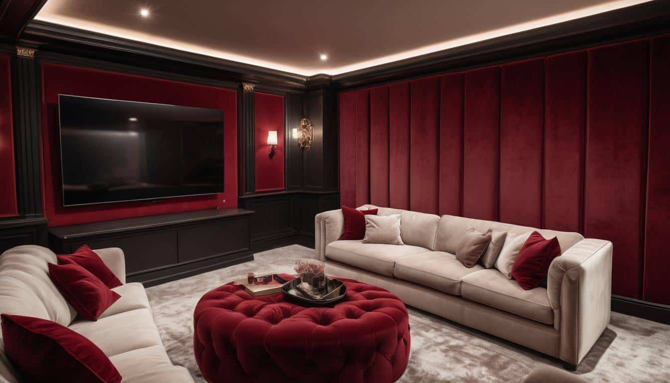 Luxurious home theater with red accents