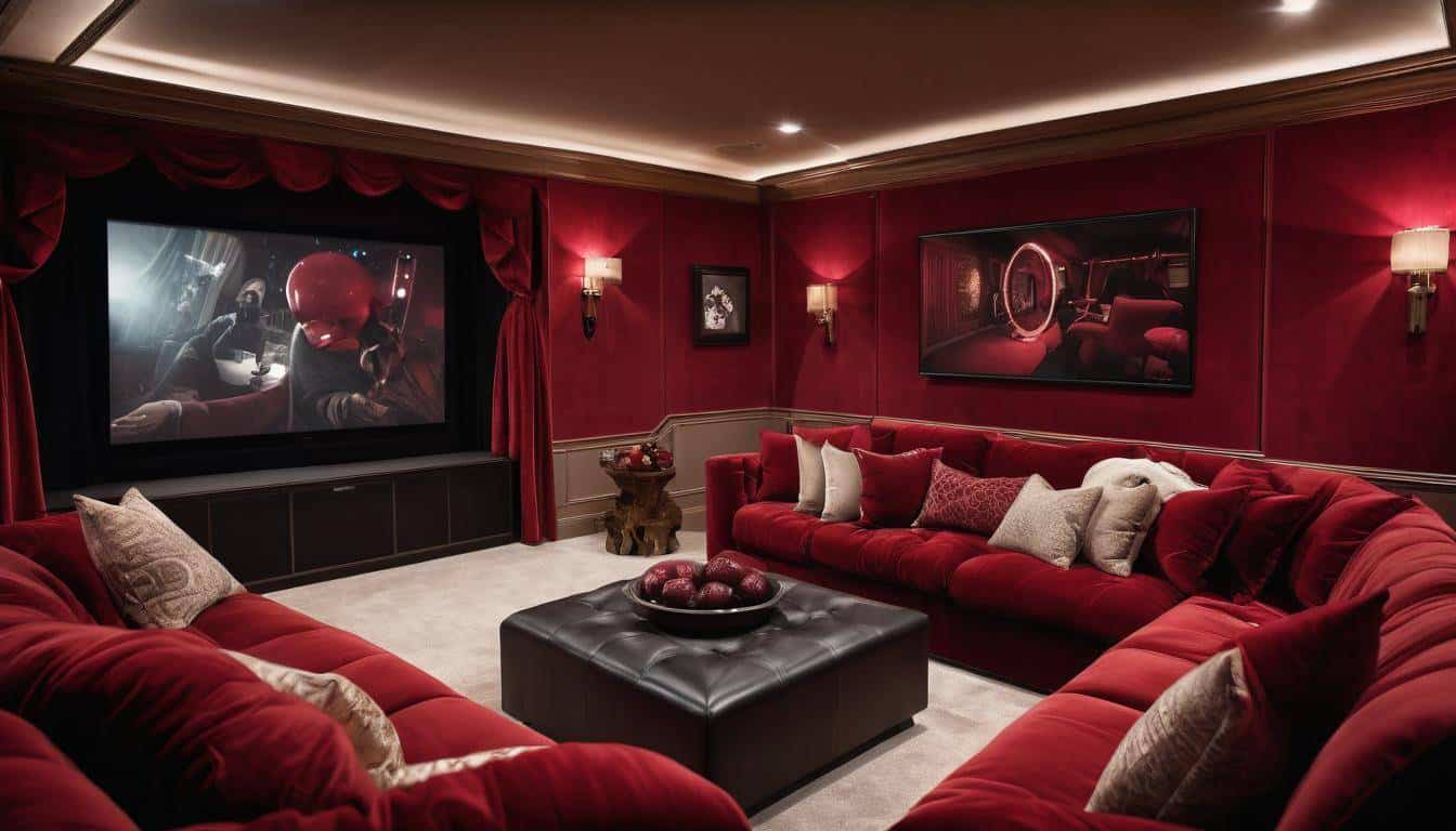 Luxurious home theater with red accents