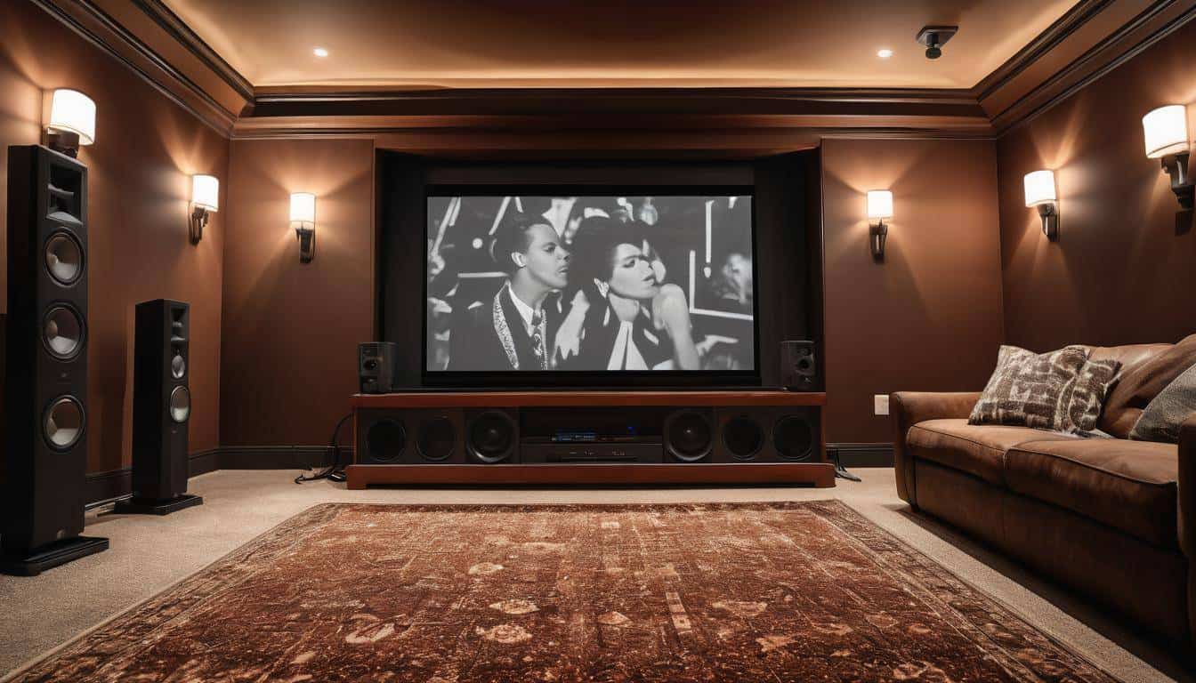 Luxurious layered rug in theater room