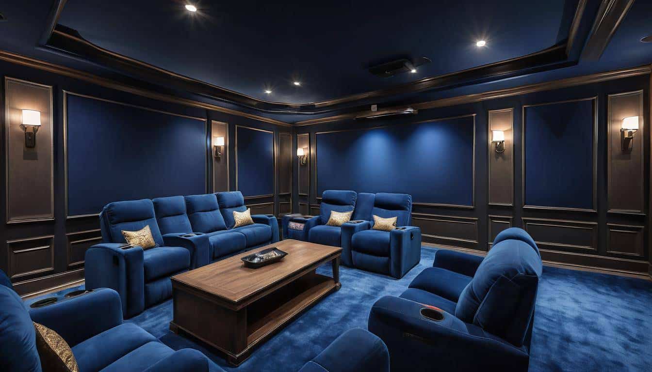 Luxurious navy blue home theater