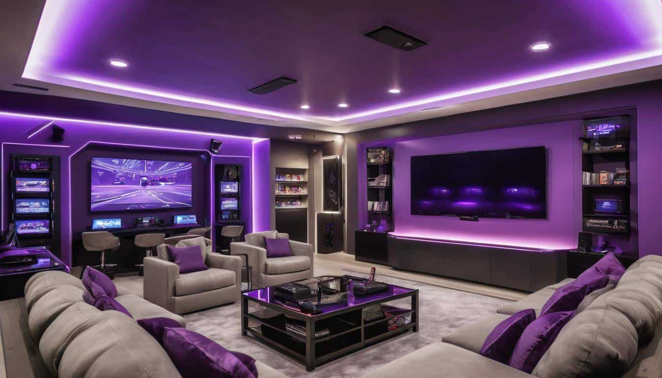 Luxury game room with purple accents