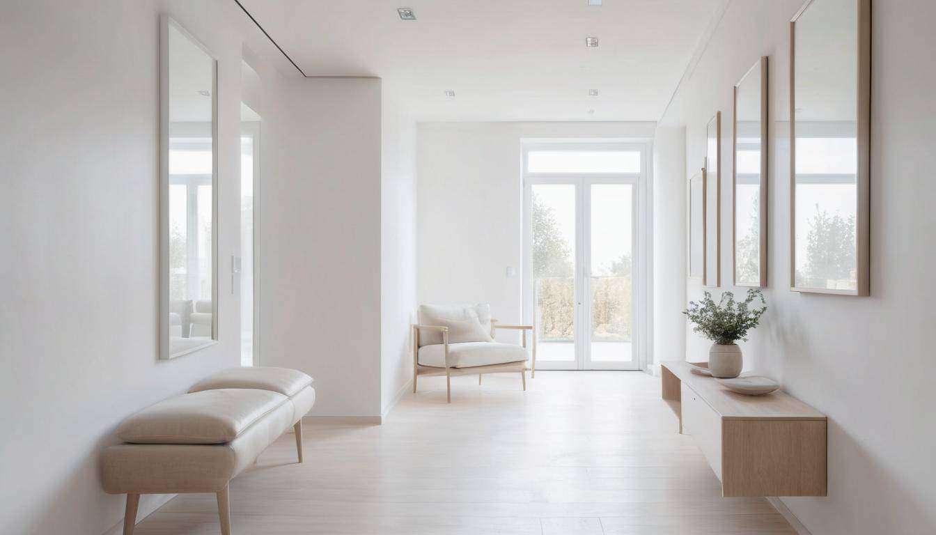 Minimalistic white hallway with light furniture