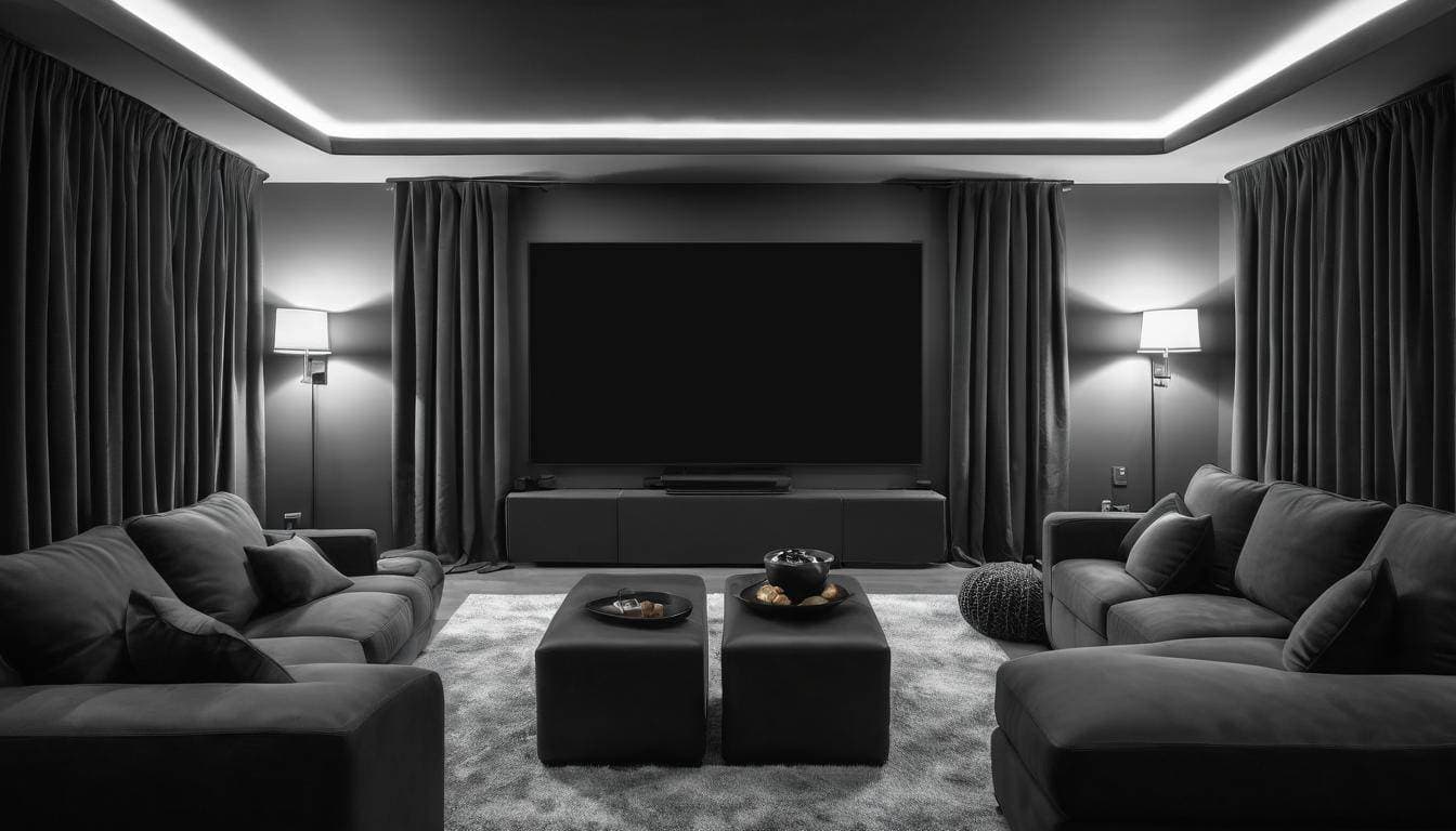 Modern blackout curtains in home theater