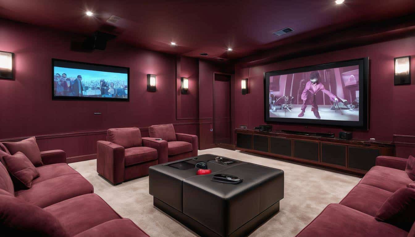 Modern burgundy home theater