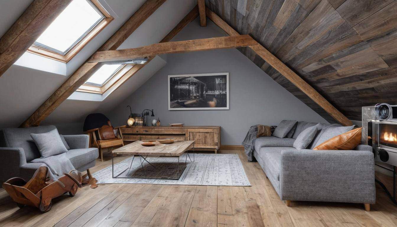 Modern cozy grey attic with reclaimed wood