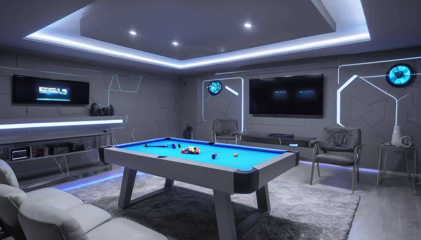 Modern futuristic game room with LED lights