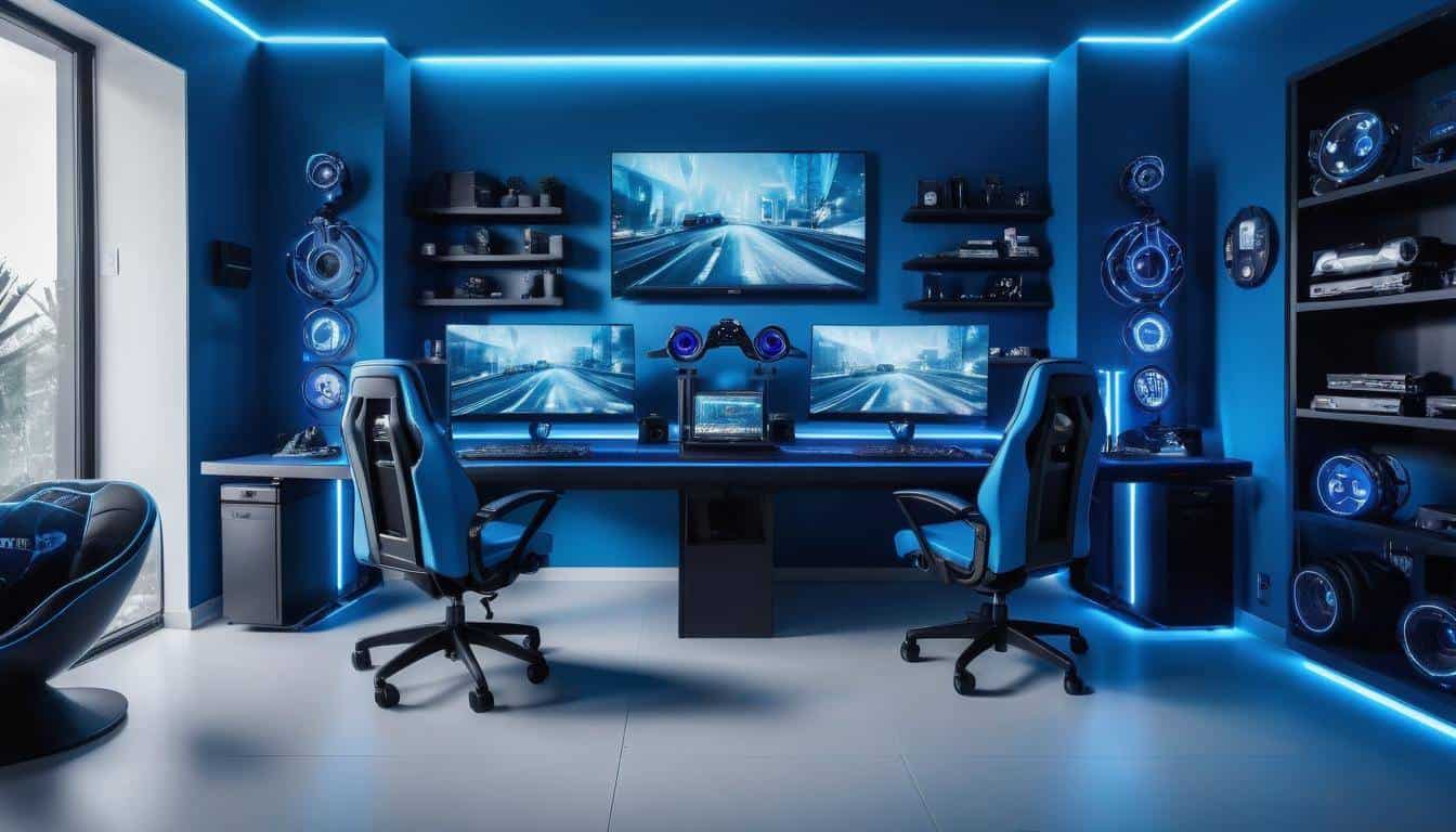 Modern gaming desks in blue-themed room