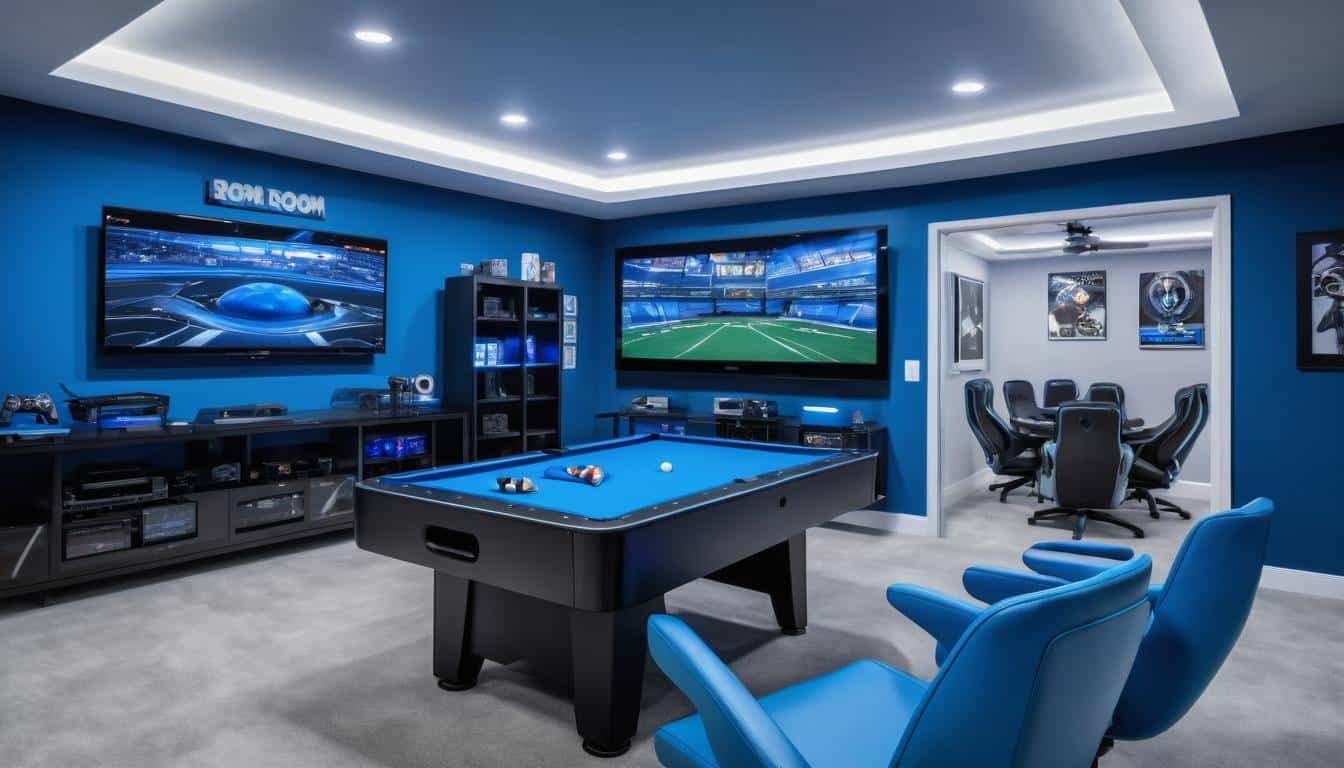 Modern gaming room with blue accents