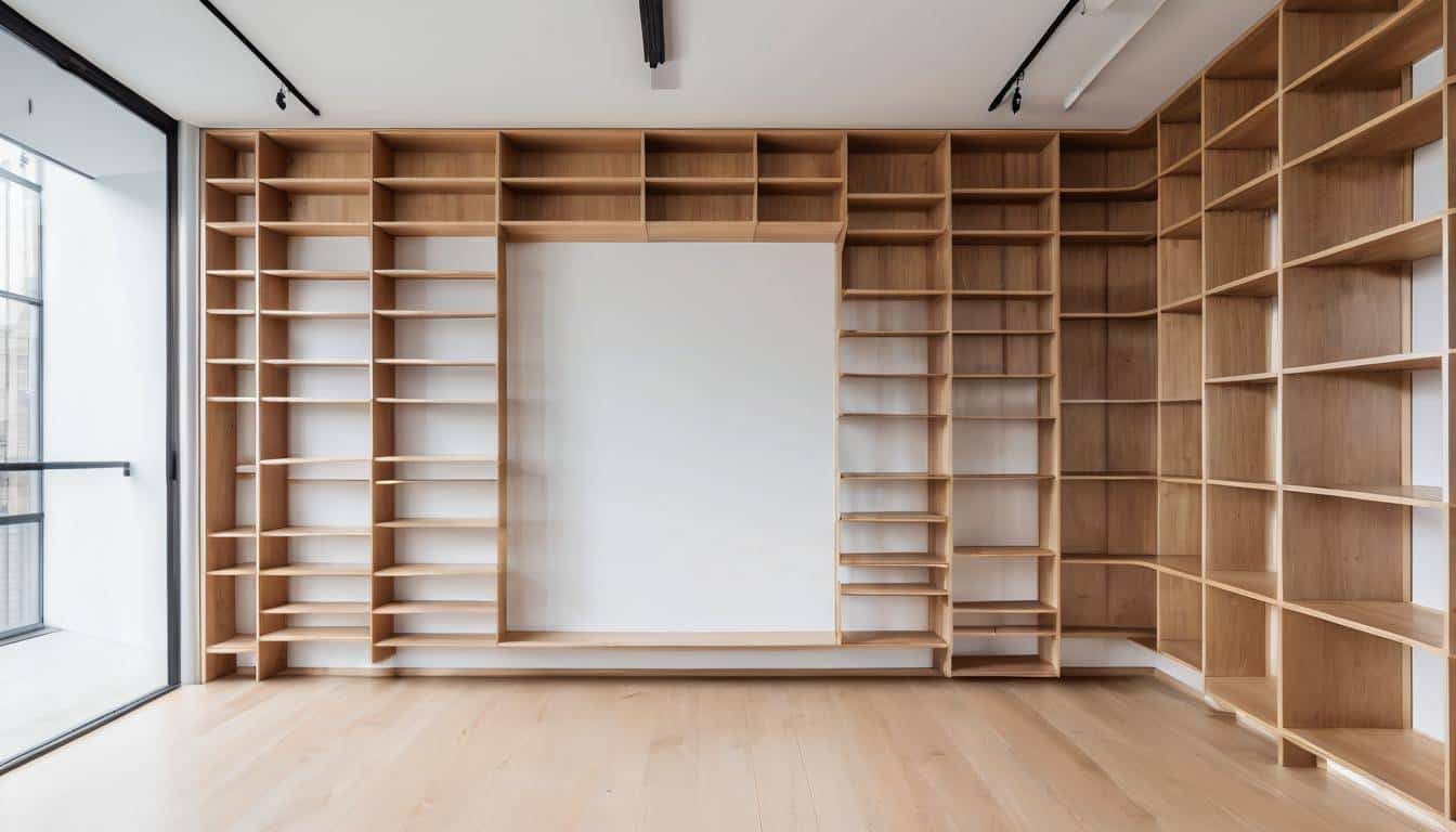 Modern tall wooden shelves