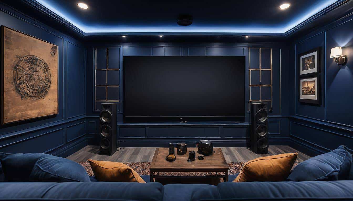 Navy blue cinematic home theater setup