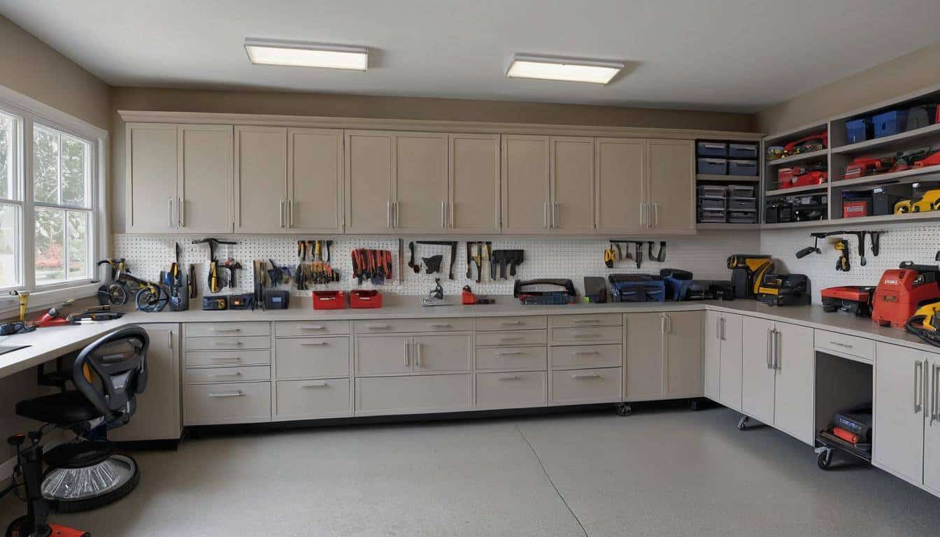 Organized garage with cabinets