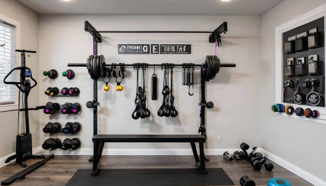 Organized wall-mounted fitness setup