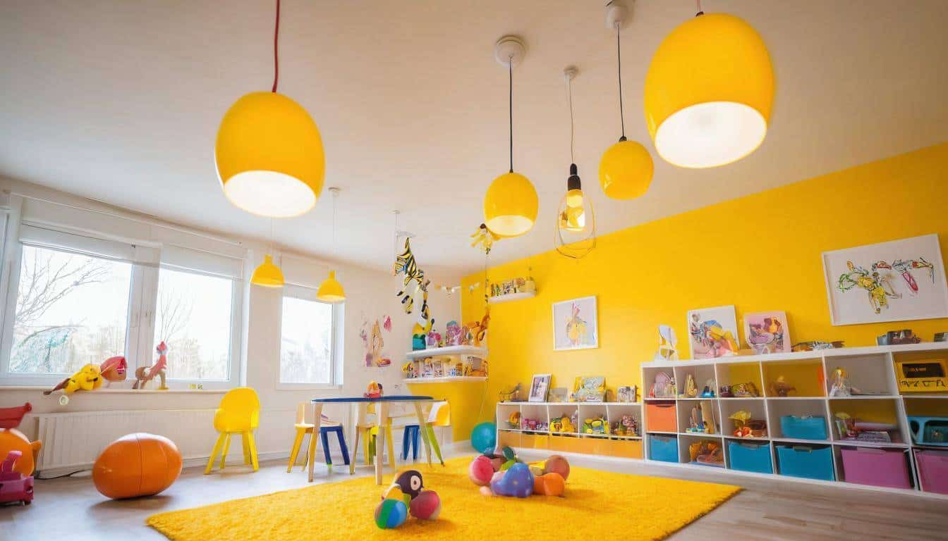 Playful pendant lights in yellow room