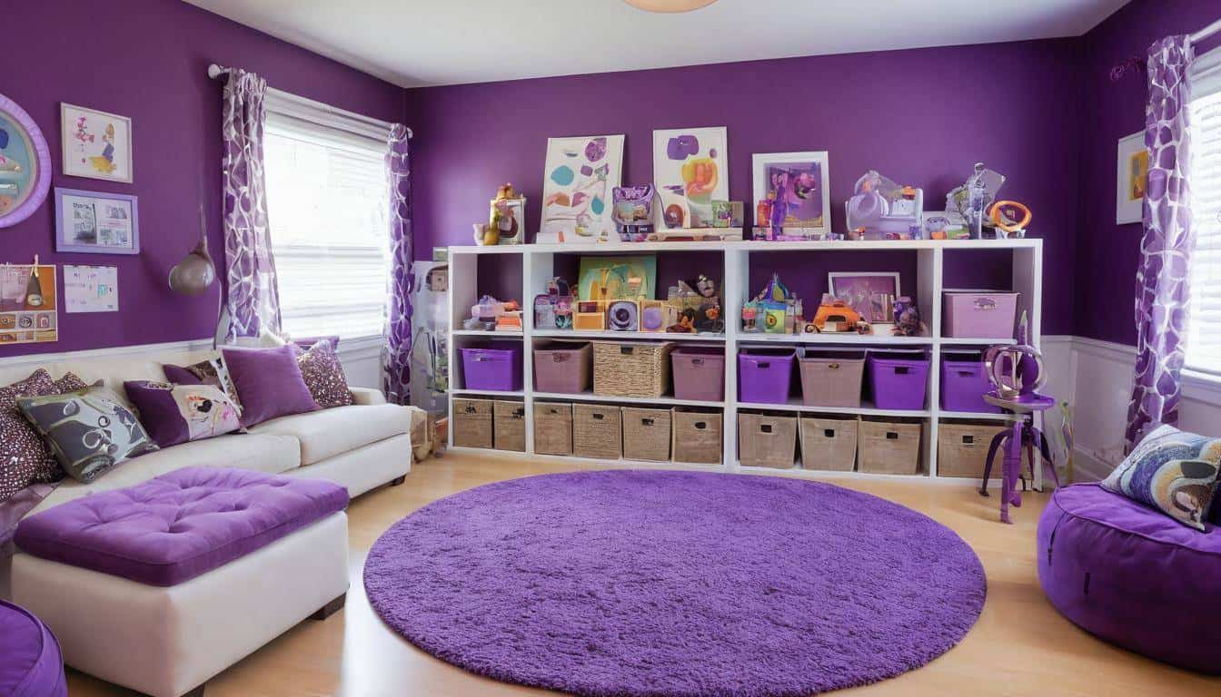 Purple-themed playroom organization