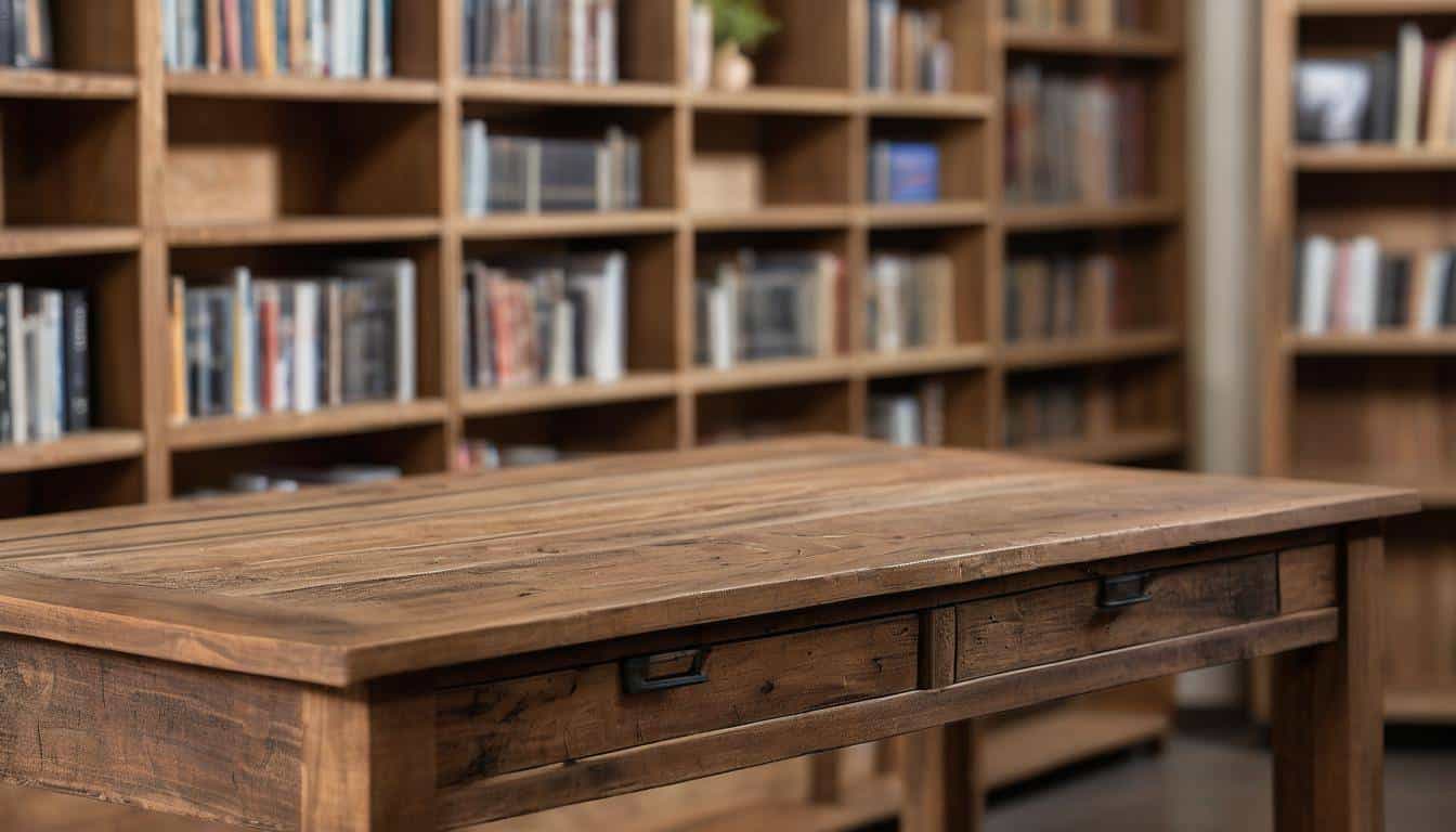 Reclaimed wood desk in library