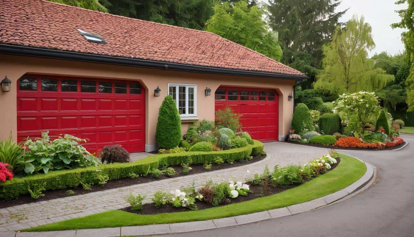 Red garage landscaped beauty