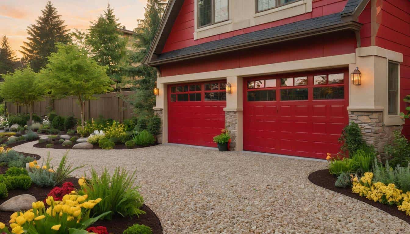 Red garage landscaping