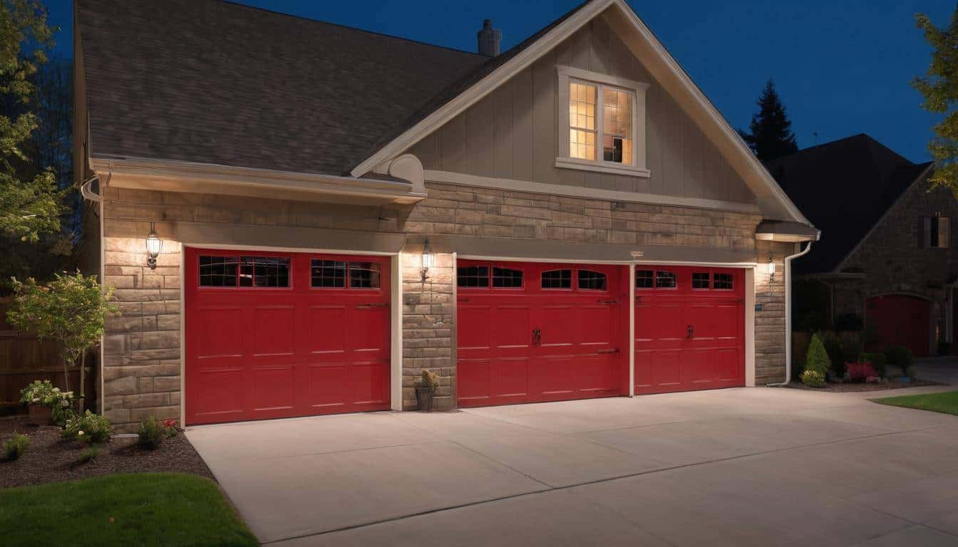 Red garage with security lights
