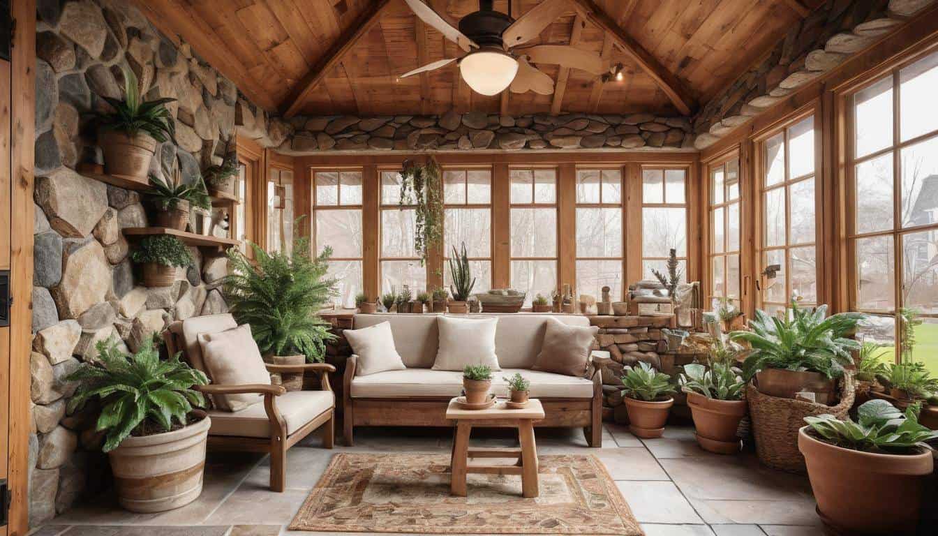 Rustic wood and stone sunroom