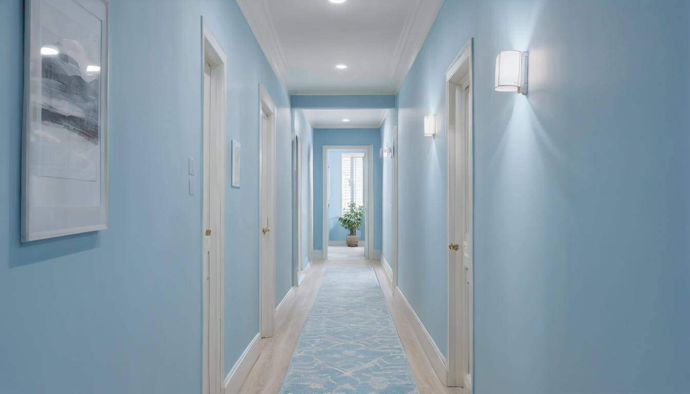 Serene light blue hallway