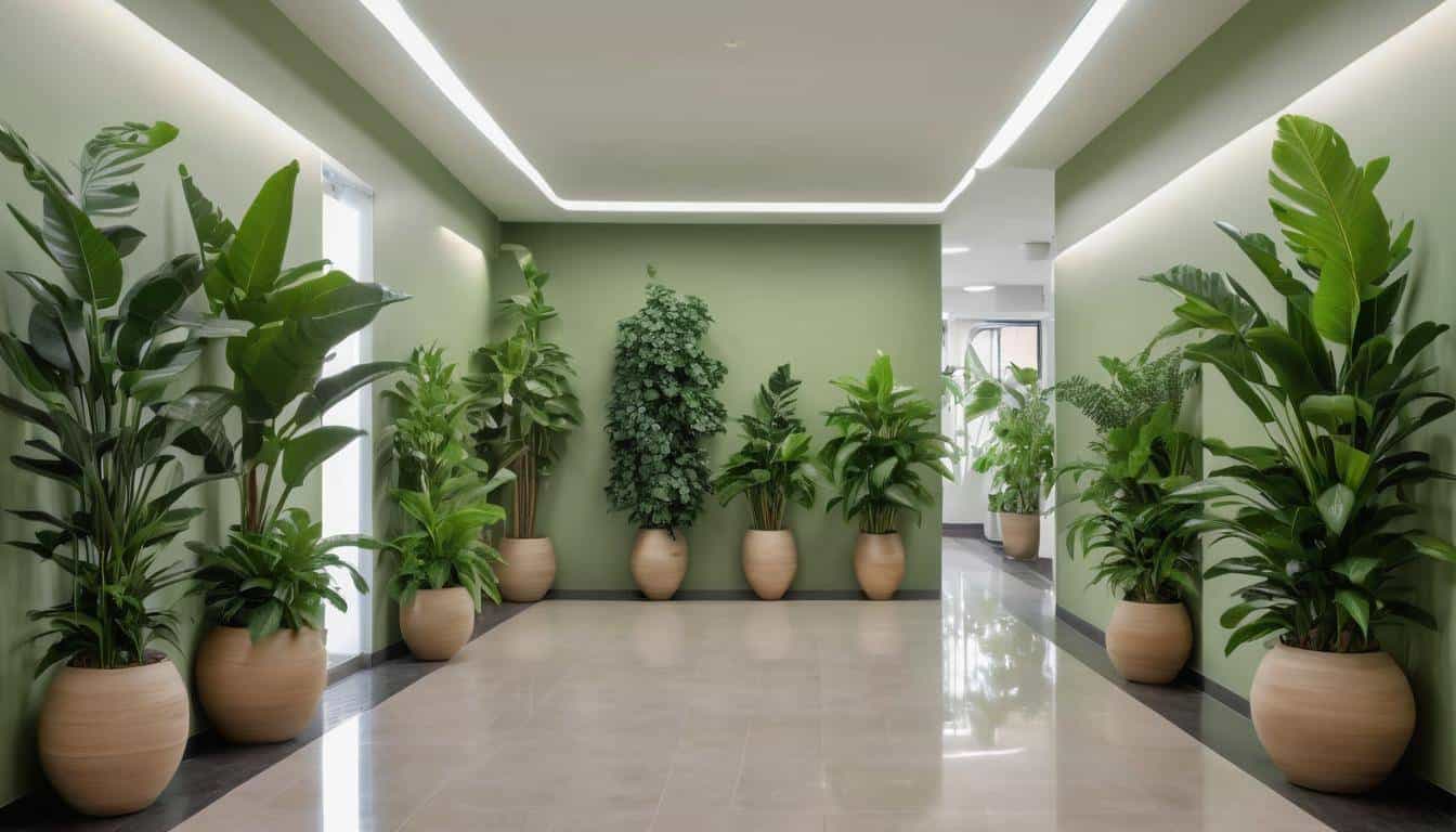 Serene potted plant hallway