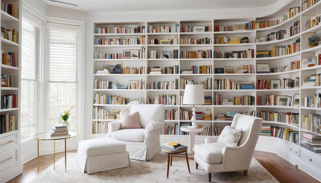 Serene white home library