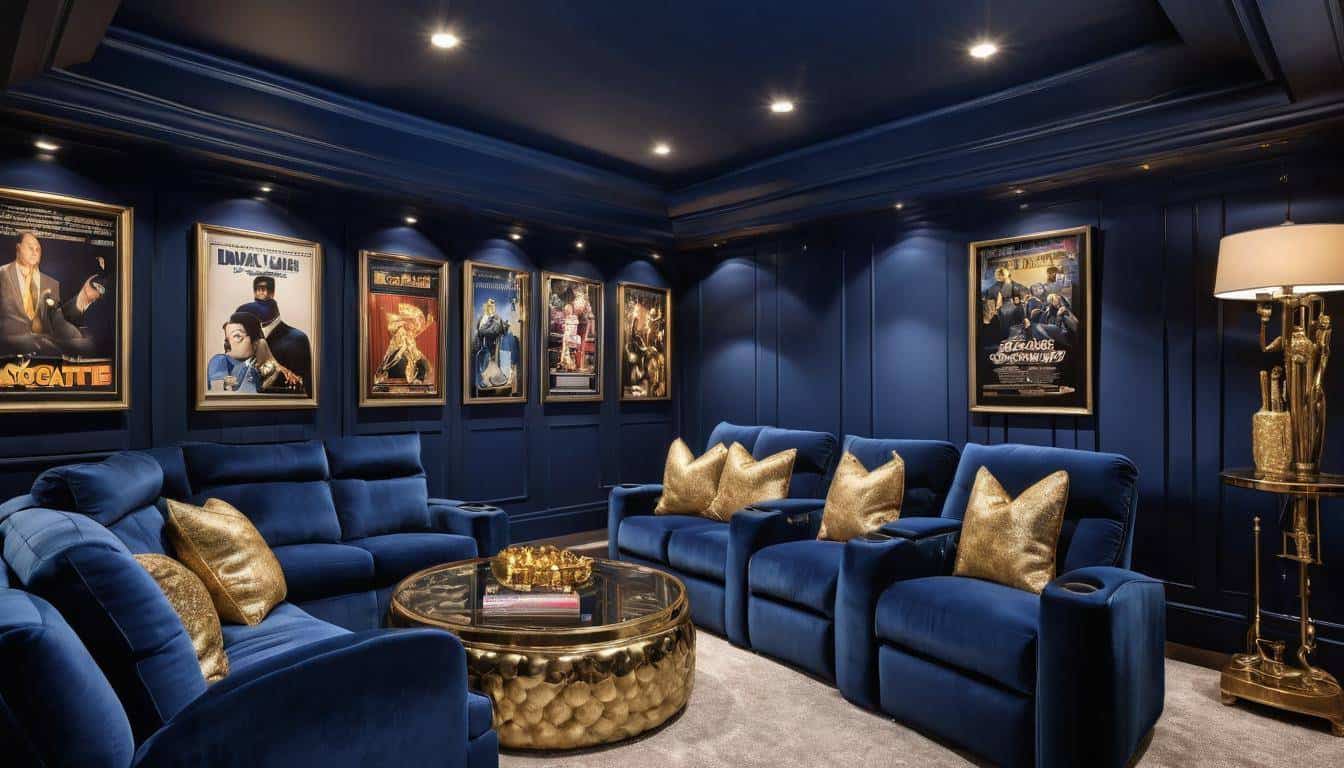 Sophisticated navy blue home theater