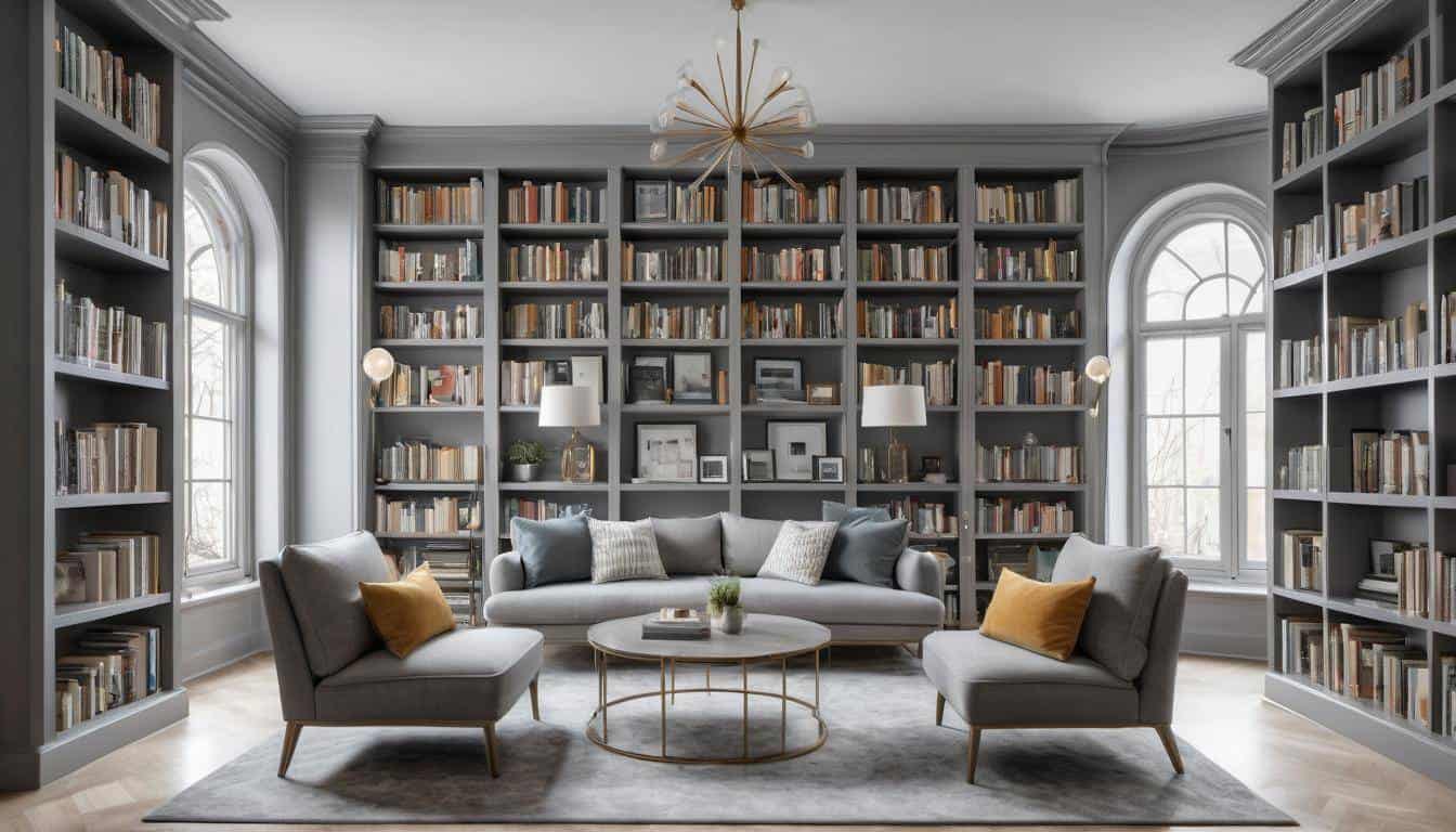 Spacious grey-toned library