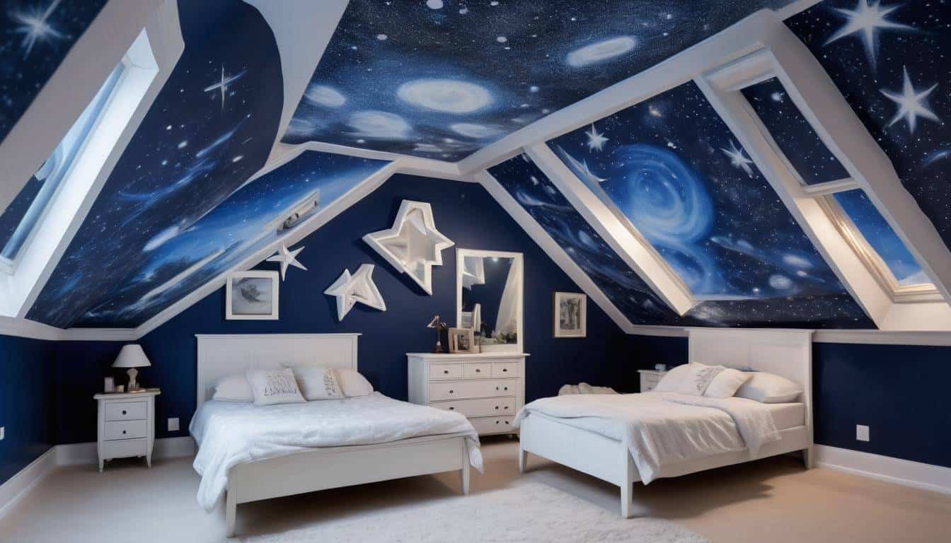 Starry night sky attic mural