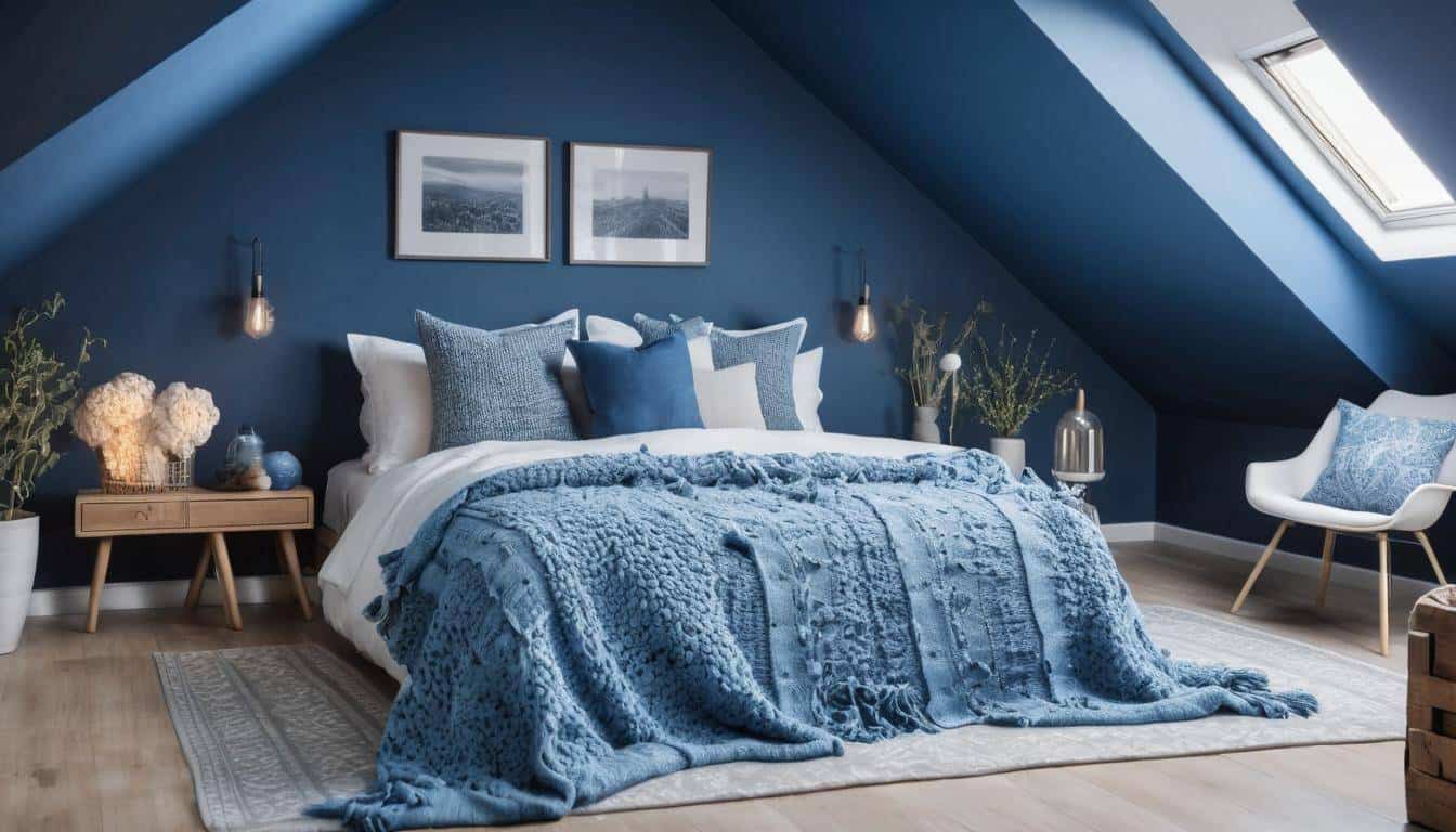 Stylish attic decor with blue textures