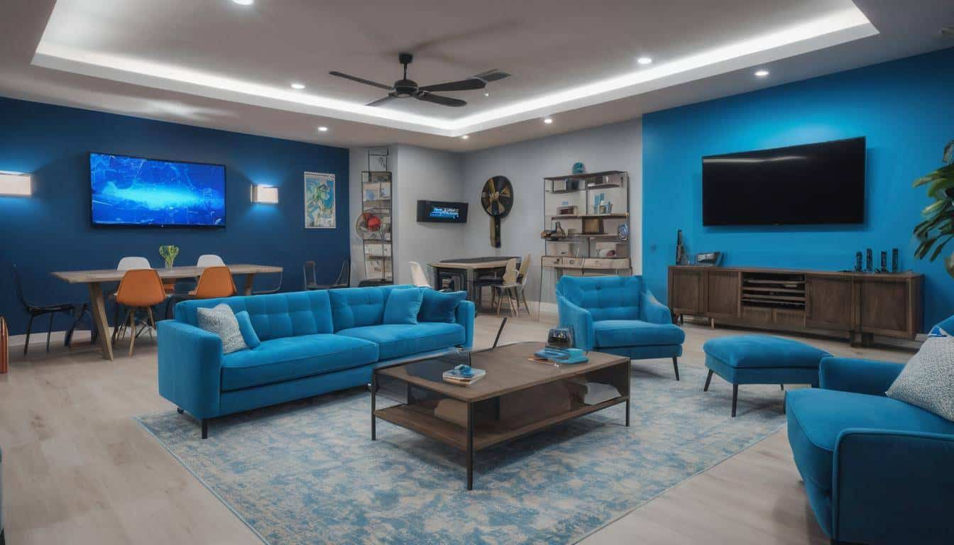 Stylish blue-themed game room