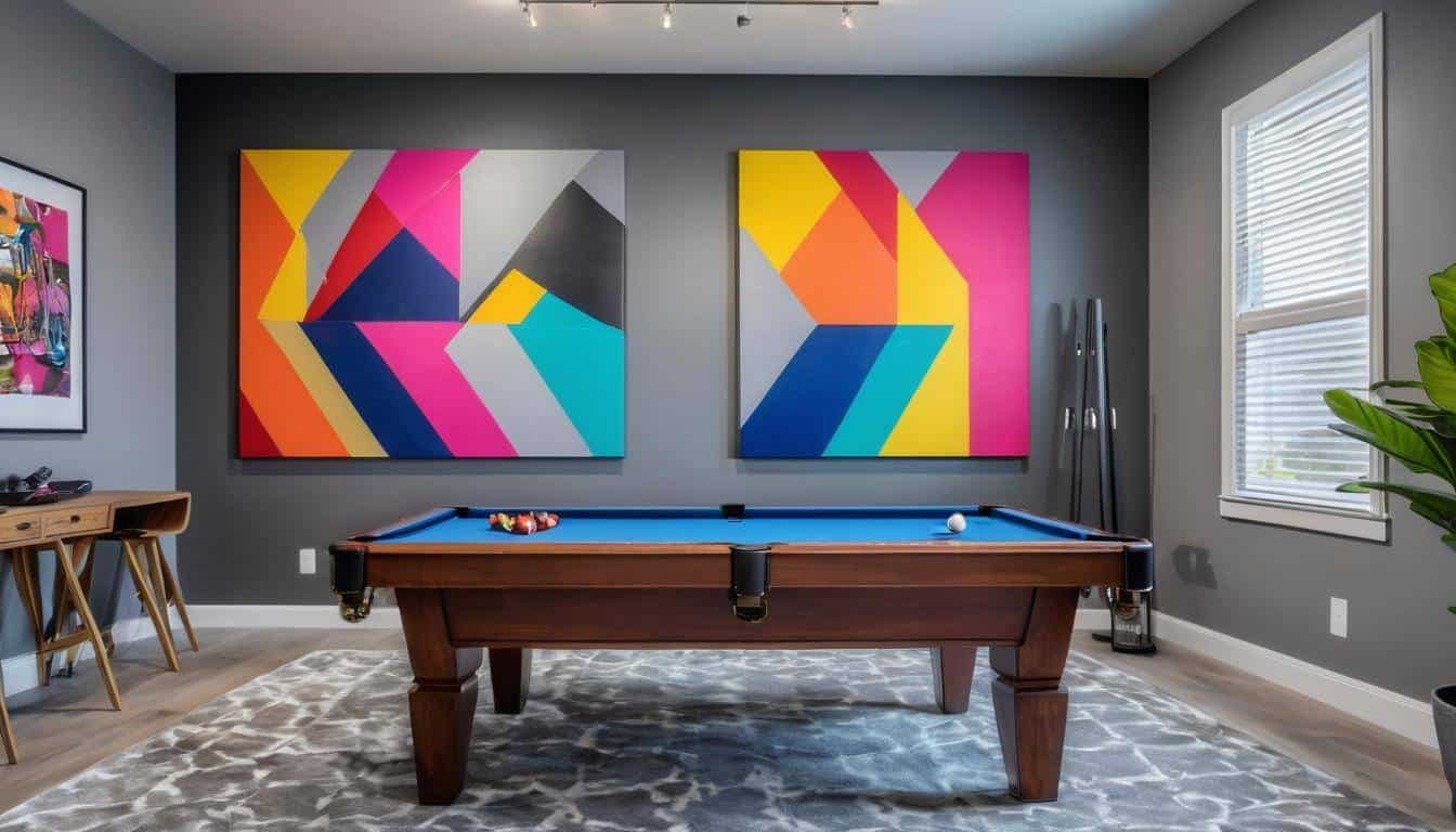 Stylish grey game room with colorful art