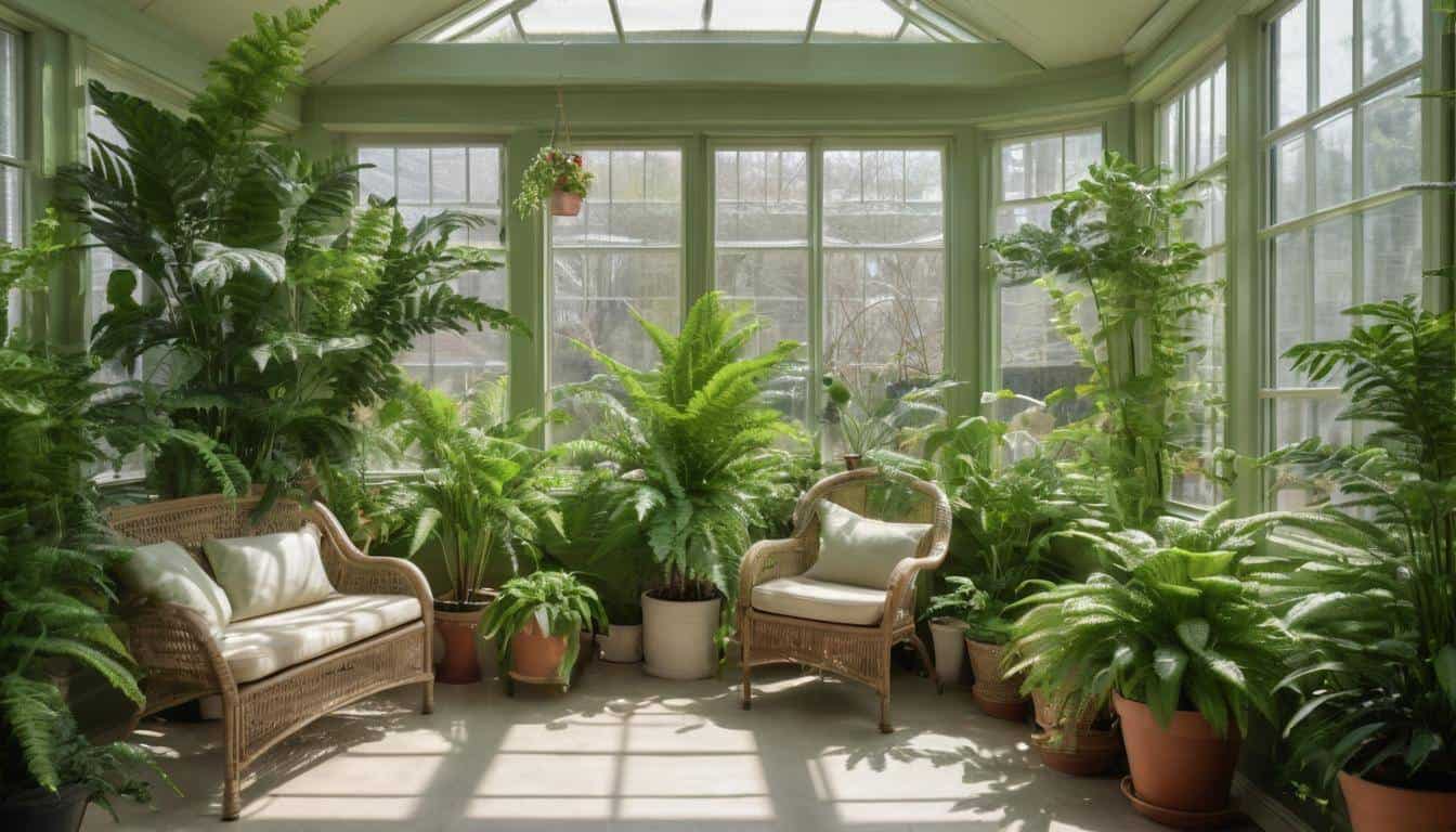 Sunlit greenery in sunroom