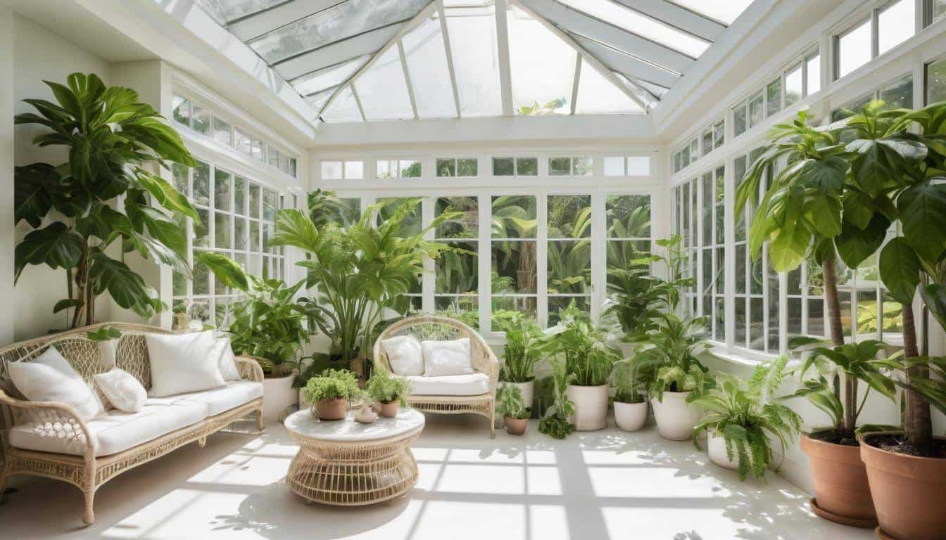 Sunny white sunroom with plants