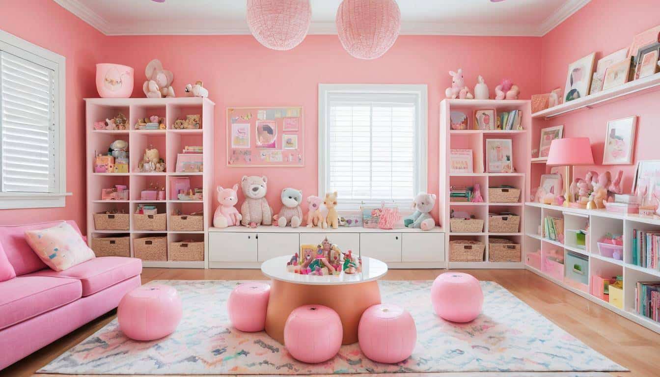 Toy storage in pink playroom