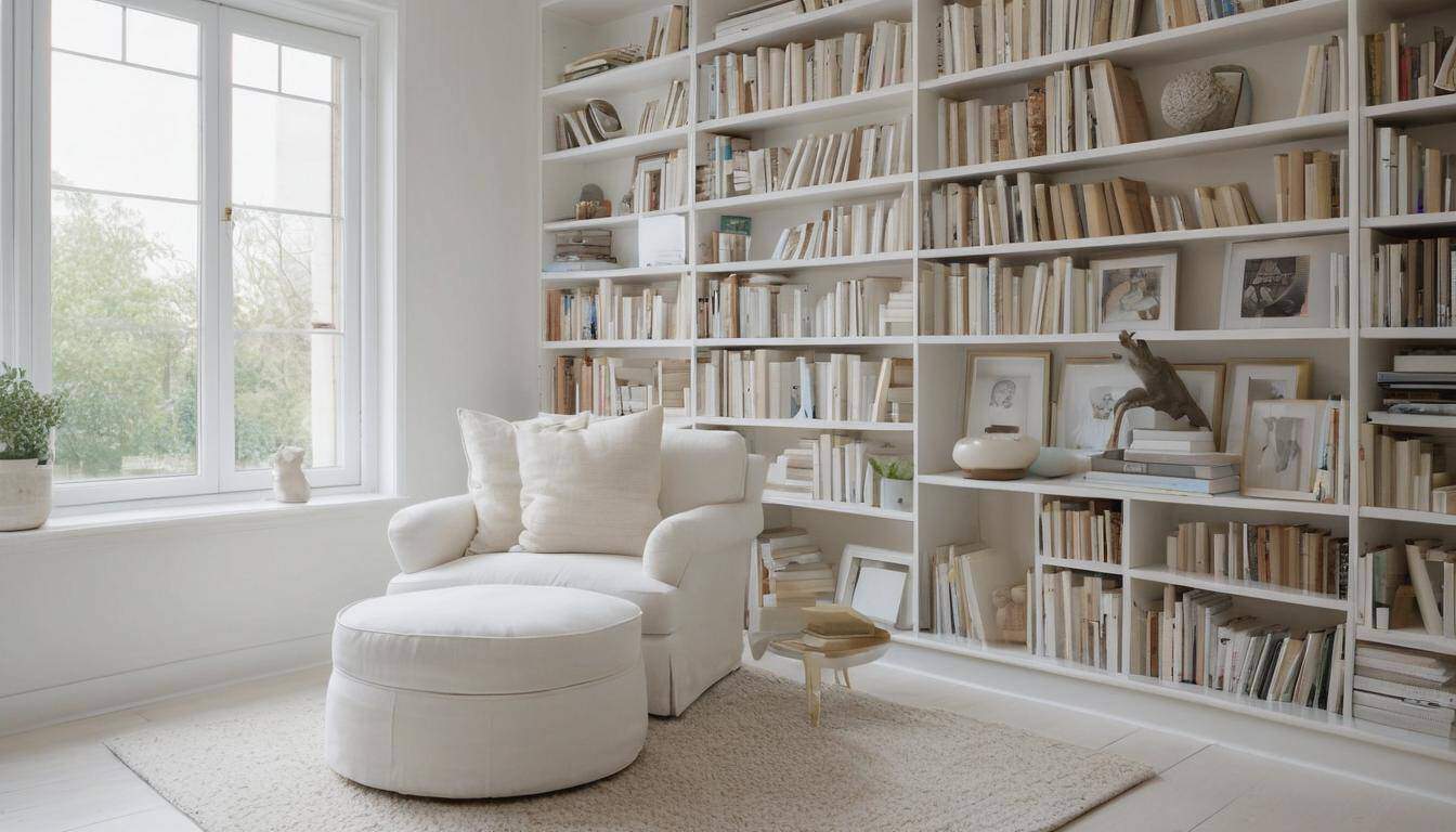 Tranquil white home library