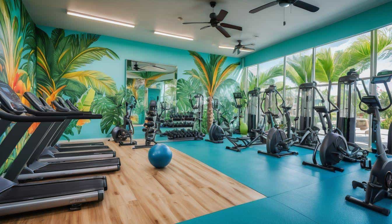 Tropical-themed vibrant gym