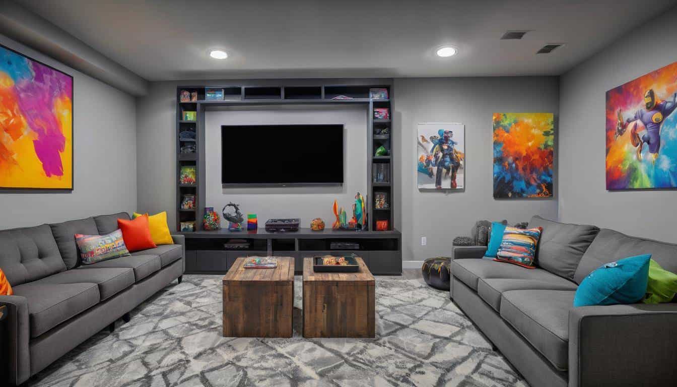 Vibrant grey game room