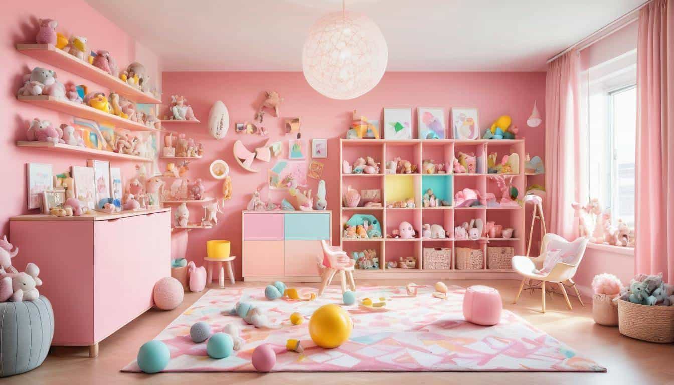 Vibrant organized pink playroom