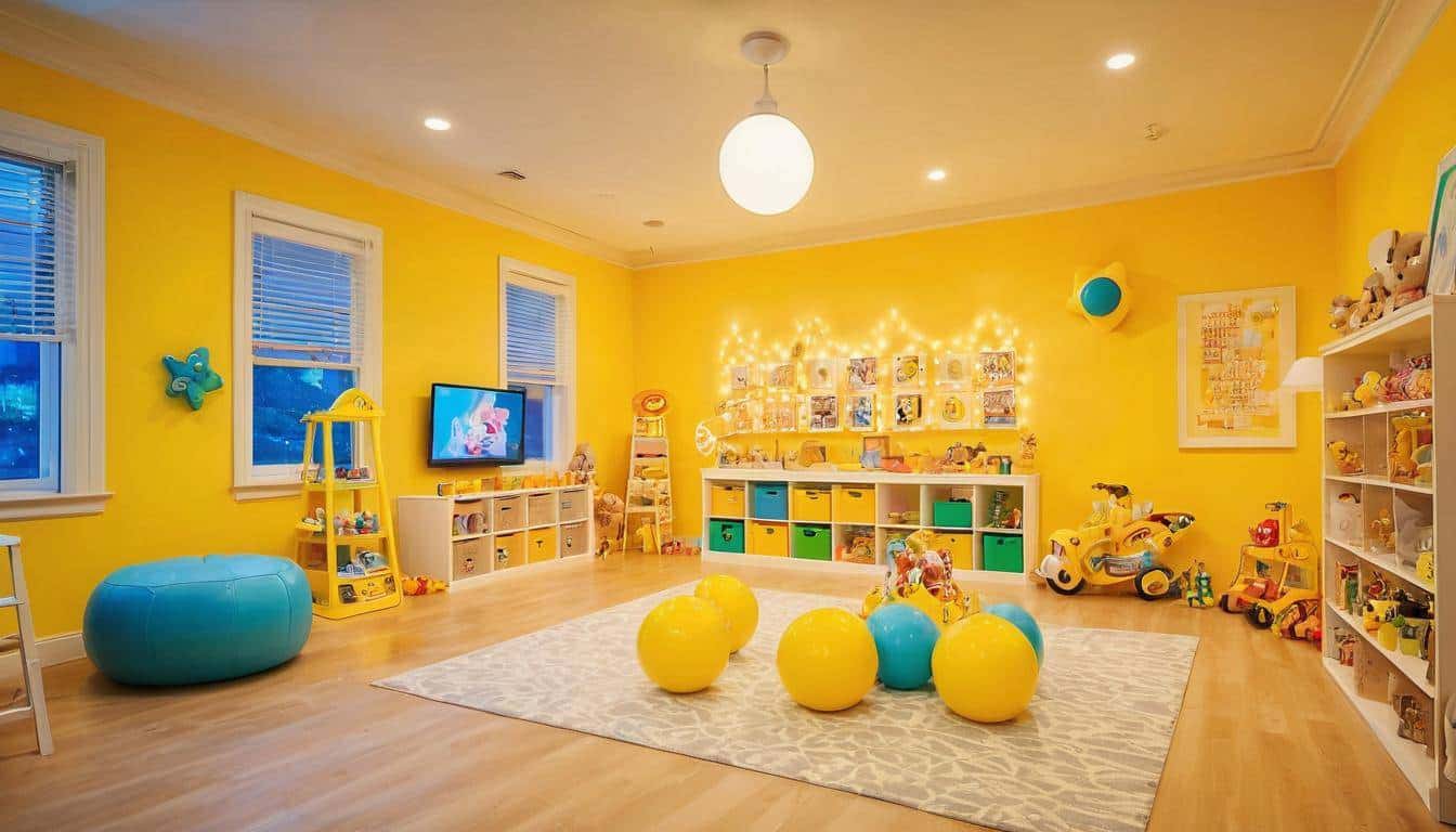 Vibrant playroom with yellow lighting