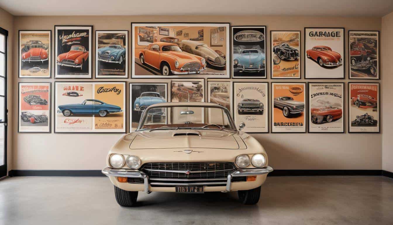Vintage car posters in garage