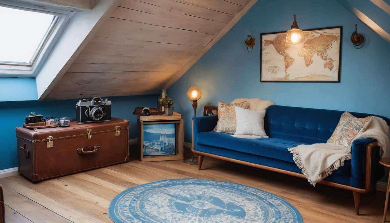 Vintage travel-themed attic