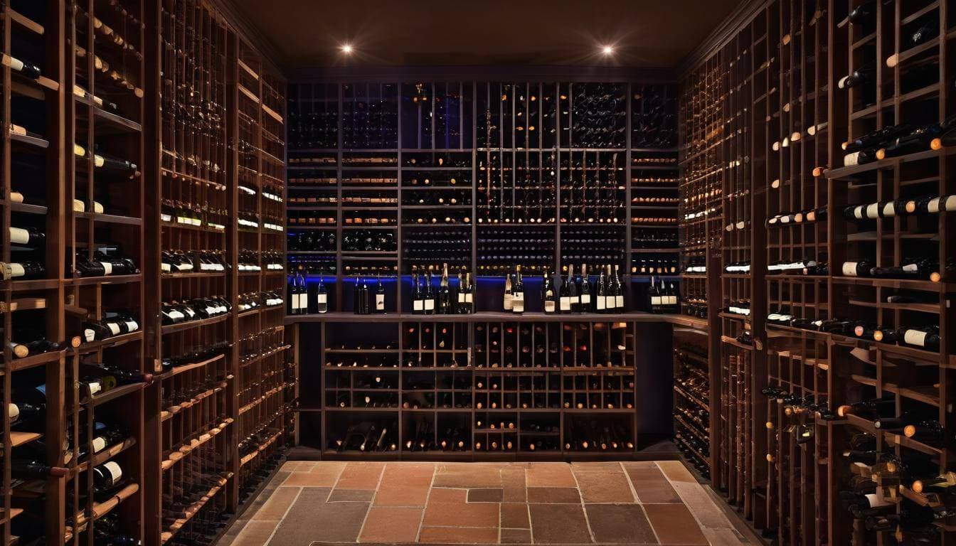 Warmly lit wine cellar