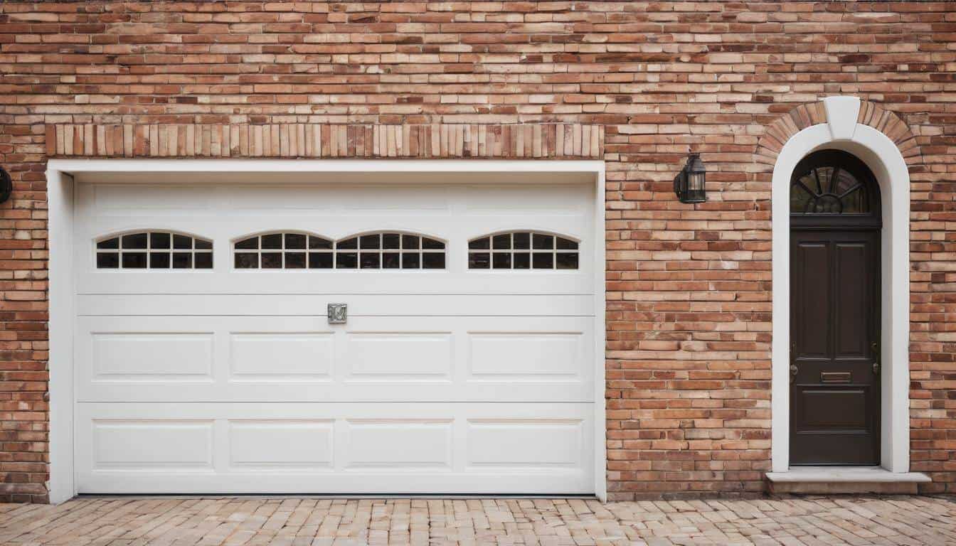 White garage door against rustic brick