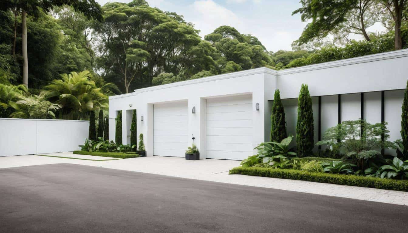 White garage in greenery
