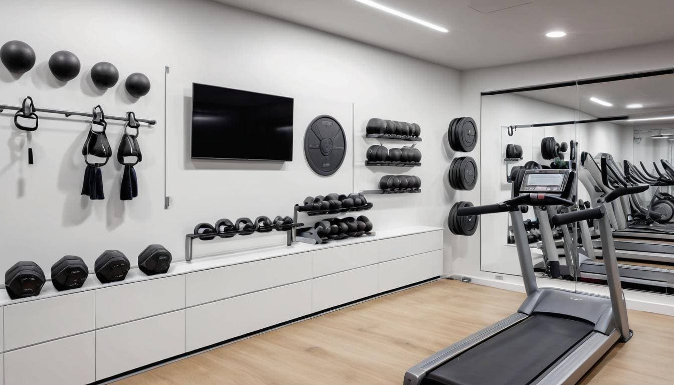 White-themed gym wall storage